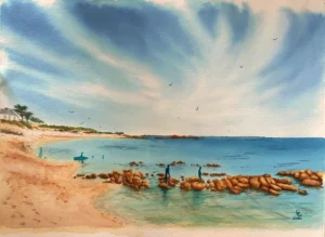 Aquarelle d'une plage proche La Turballe, silhouettes baigneurs