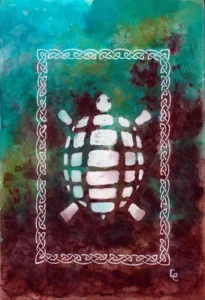 Aquarelle, encres aquarelles et acrylique blanche, représentation stylisée d'une tortue terrestre entourée d'une frise celtique