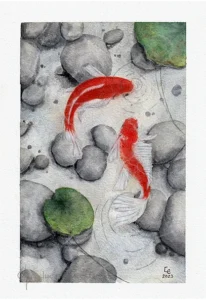 Scan aquarelle 2 carpes koï dans leur bassin naturel, vus du dessus