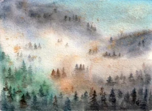 Scan aquarelle et bronze doré, forêt brumeuse