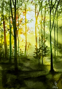 Scan aquarelle forêt au printemps rétro-éclairée, verts ocre jaune