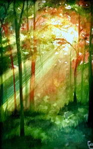 Scan aquarelle forêt au printemps rétro-éclairée, verts ocre jaune oranges