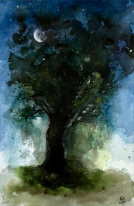 Aquarelle, encre de Chine et acrylique blanche, représentation d'un arbre imaginaire au clair de Lune