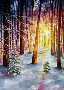 Scan aquarelle forêt sous la neige rétro-éclairée, bruns ocre jaune, neige bleus violets roses