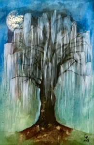 Scan aquarelle, acrylique blanche et poudre de bronze, représentation d'un saule pleureur imaginaire au clair de Lune