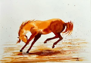 Scan Cheval qui rue n°2, encre aquarelle jaune orange