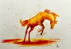 Scan Cheval qui rue n°1, encre aquarelle jaune orange