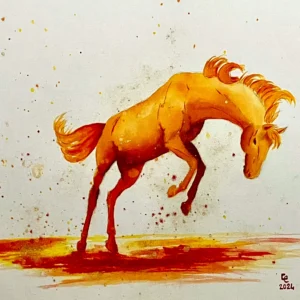 Scan Cheval qui rue n°1, encre aquarelle jaune orange