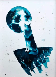 Loup au clair de Lune n°3, monochrome encre aquarelle vert paon et bronze