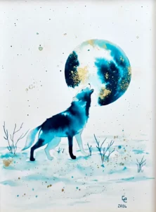 Loup au clair de Lune n°2, monochrome encre aquarelle vert paon et bronze