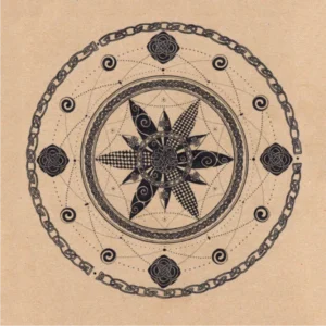 Scan mandala stylo noir fond beige frises et motifs celtique