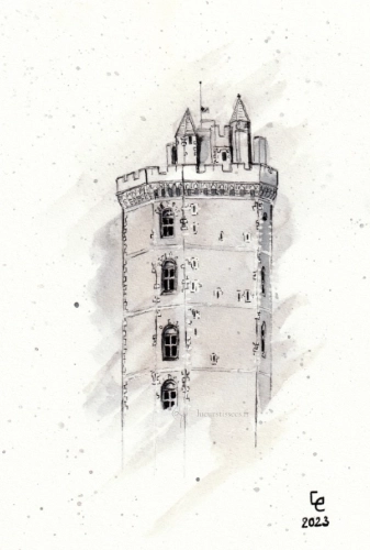 Aquarelle, stylo noir et posca blanc, interprétation Tour d'Oudon