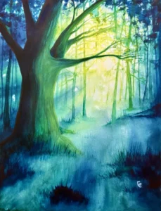 Aquarelle forêt rétro-éclairée, jaune, verts, bleus, rayons de soleil