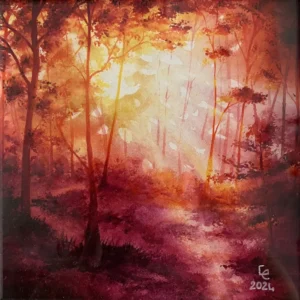 Scan aquarelle forêt rétro-éclairée, teintes magenta prune oranges ocre jaune