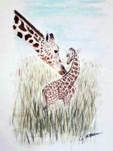 Scan aquarelle girafe et girafon réalistes