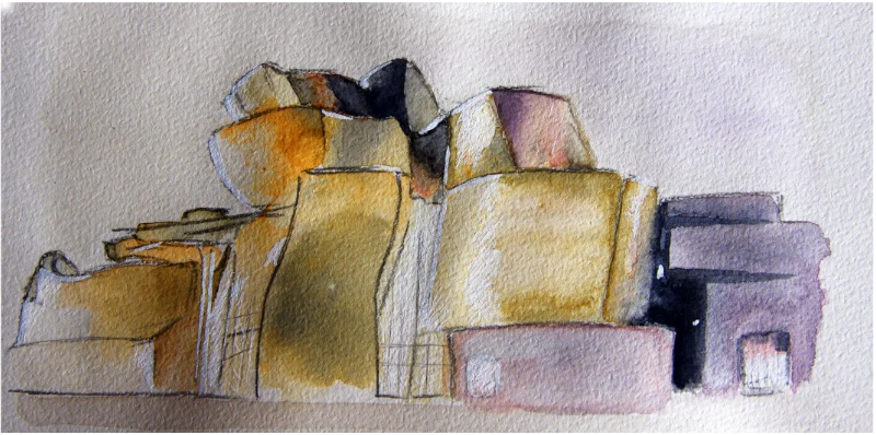 Scan croquis aquarellé, interprétation du musée Guggenheim de Bilbao