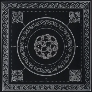Scan mandala argenté fond noir frises et motifs celtiques