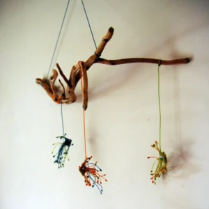 Mobile 3 poissons 3D et une étoile de mer en micro-macramé colorés, support branche tortueuse