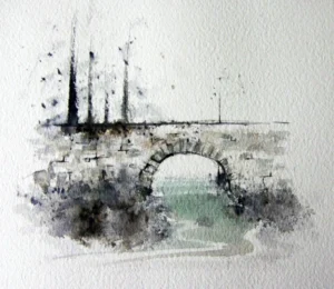 Aquarelle, croquis d'un pont romain avec cours d'eau et végétation