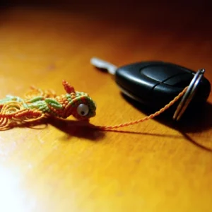 Porte-clefs petite carpe koï orange topaze et vert citron, yeux mobiles, anneau en acier inoxydable, attaché à une clef de voiture, vue 3/4, support table bois