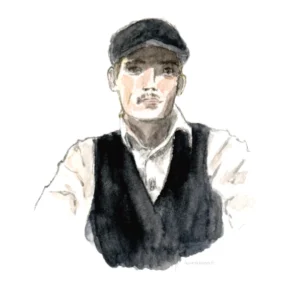 Scan aquarelle, portrait croquis homme au béret et veston noirs, chemise blanche, de face