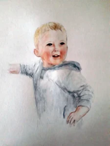 Scan aquarelle, portrait d'un enfant d'un an, tête tournée 3/4, blond, sweat bleu-gris