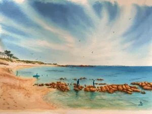 Aquarelle d'une plage proche La Turballe, silhouettes baigneurs