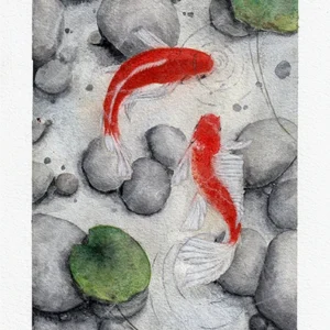 Aquarelle 2 carpes koï dans leur bassin naturel, vus du dessus