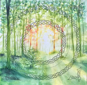 Mandala léger frises celtiques stylo noir fond aquarelle forêt printanière rétro-éclairée