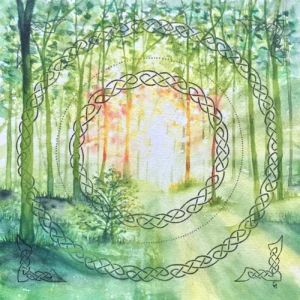 Mandala léger frises celtiques stylo noir fond aquarelle forêt printanière rétro-éclairée