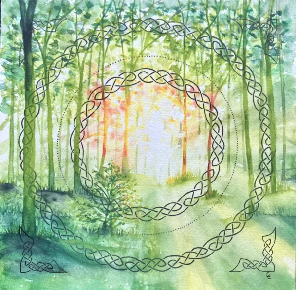 Mandala léger frises celtiques stylo noir fond aquarelle forêt printanière rétro-éclairée