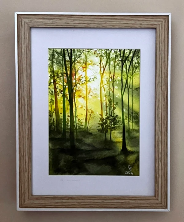 Aquarelle encadrée forêt au printemps rétro-éclairée, verts ocre jaune