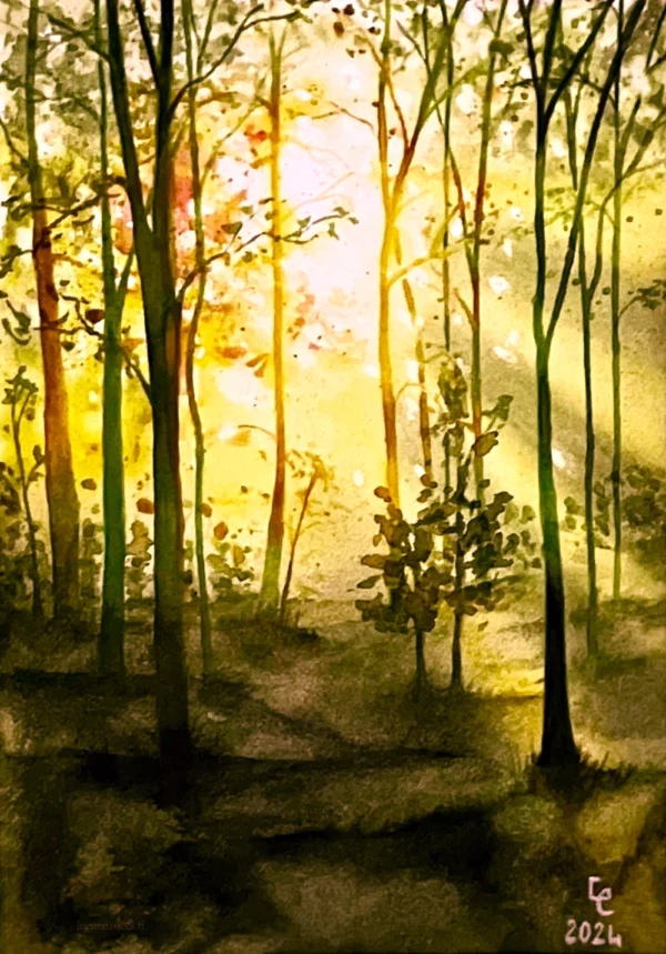 Scan aquarelle forêt au printemps rétro-éclairée, verts ocre jaune