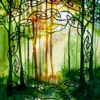 Scan aquarelle forêt verte printemps rétro-éclairée avec frises celtiques au stylo noir