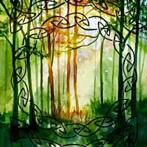 Scan aquarelle forêt verte printemps rétro-éclairée avec frises celtiques au stylo noir