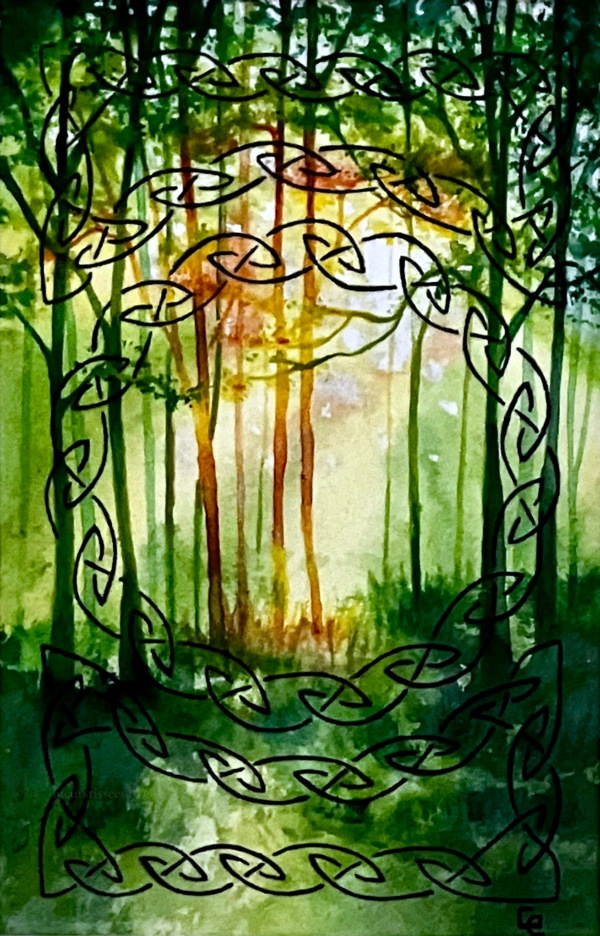 Scan aquarelle forêt verte printemps rétro-éclairée avec frises celtiques au stylo noir