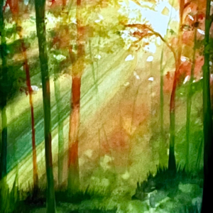 Scan aquarelle forêt au printemps rétro-éclairée, verts ocre jaune oranges