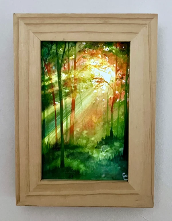 Aquarelle encadrée forêt au printemps rétro-éclairée, verts ocre jaune oranges