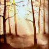 Scan aquarelle forêt d'automne rétro-éclairée, bruns ocre jaune et bronze doré