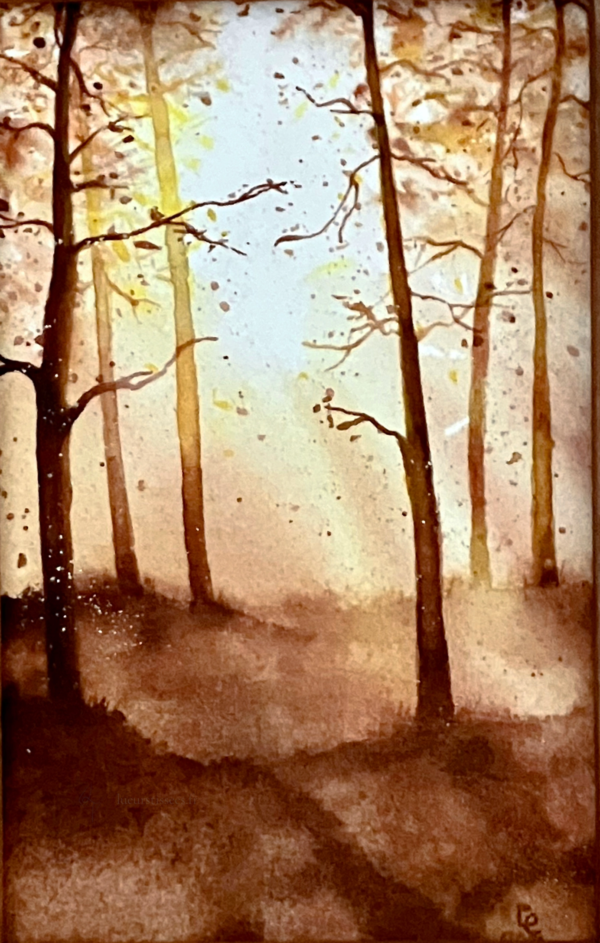 Scan aquarelle forêt d'automne rétro-éclairée, bruns ocre jaune et bronze doré