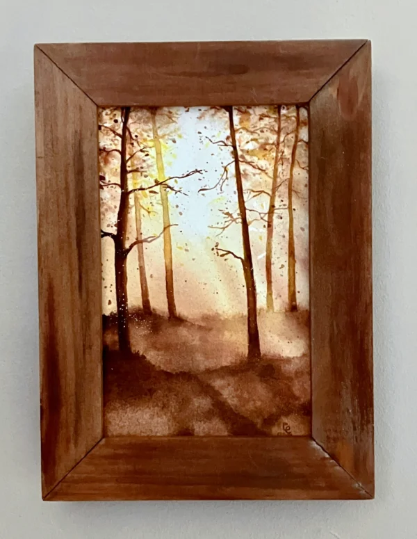 Aquarelle encadrée forêt d'automne rétro-éclairée, bruns ocre jaune et bronze doré