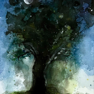 Scan aquarelle et encre de Chine, arbre au clair de Lune