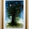 Aquarelle et encre de Chine encadrée, arbre au clair de Lune