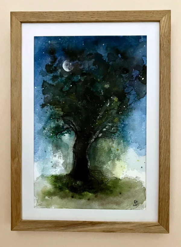 Aquarelle et encre de Chine encadrée, arbre au clair de Lune
