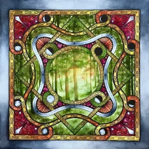 Scan Mandala celtique coloré avec phases de la Lune sur fond forêt printanière rétro-éclairée à l'aquarelle