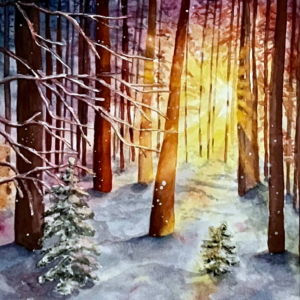 Scan aquarelle forêt sous la neige rétro-éclairée, bruns ocre jaune, neige bleus violets roses