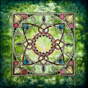 Scan Mandala coloré sur fond canopée d'une forêt à l'aquarelle