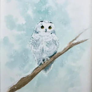 Aquarelle chouette des neiges réaliste, sur une branche, sous la neige