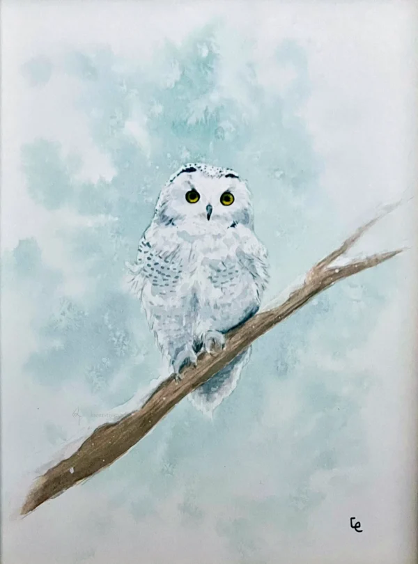 Aquarelle chouette des neiges réaliste, sur une branche, sous la neige