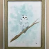 Aquarelle encadrée chouette des neiges réaliste, sur une branche, sous la neige
